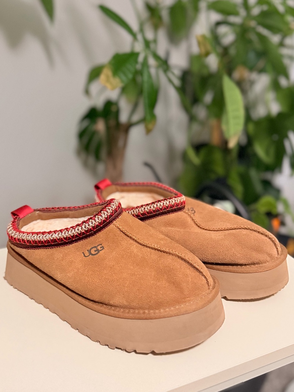 UGG Women's Chestnut Suede Slip-On Platform Clog with Red Trim